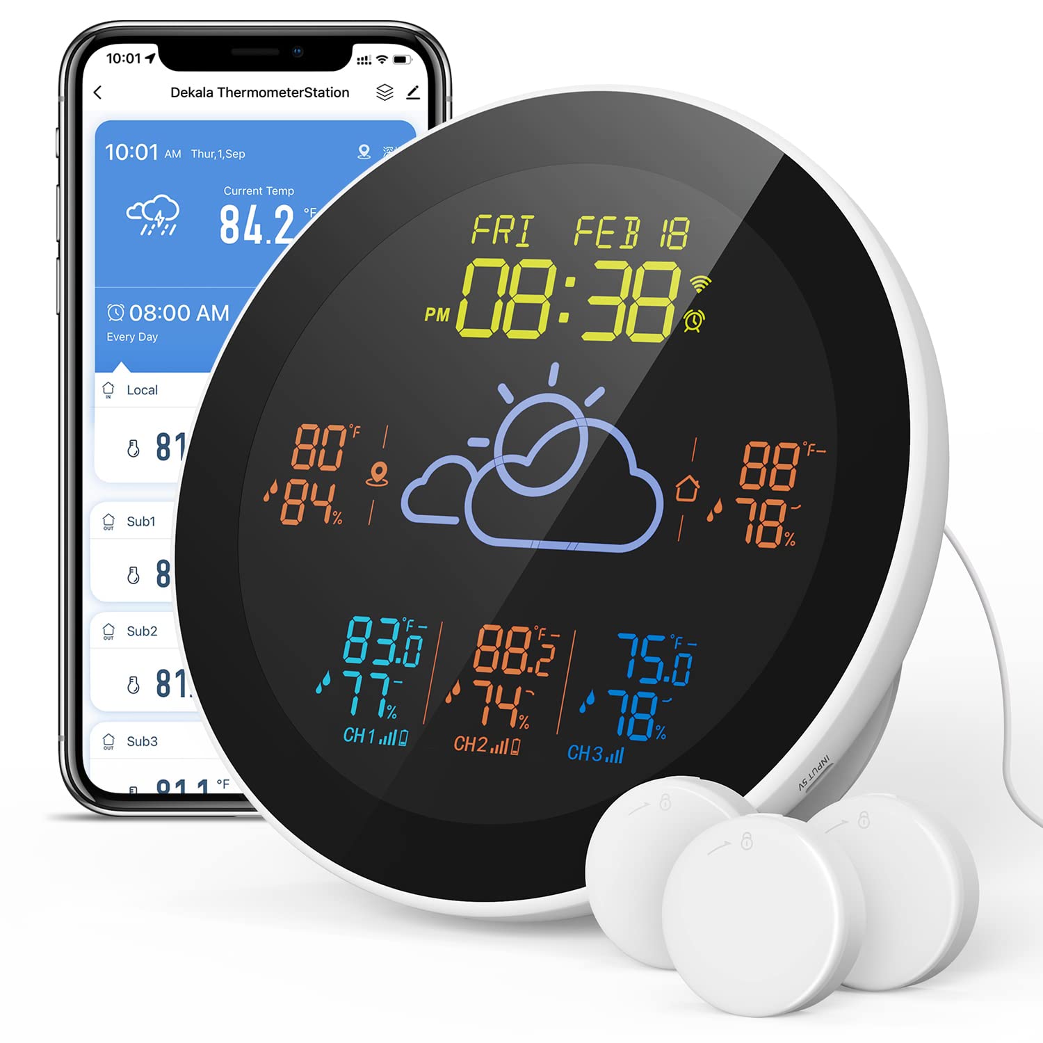 Dekala WiFi Hygrometer Thermometer Wireless Weather Station with 3  Rechargeable Remote Sensor for Home Basement Pets Bedroom Greenhouse